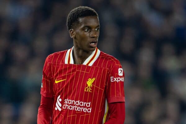 BRIGHTON & HOVE, ENGLAND - Wednesday, October 30, 2024: Liverpool's Trey Nyoni during the Football League Cup 4th Round match between Brighton & Hove Albion FC and Liverpool FC at the AMEX Community Stadium. Liverpool won 3-2. (Photo by David Rawcliffe/Propaganda)