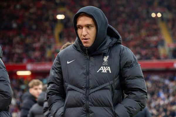 LIVERPOOL, ENGLAND - Saturday, November 2, 2024: Liverpool's injured Federico Chiesa seen before the FA Premier League match between Liverpool FC and Brighton & Hove Albion FC at Anfield. (Photo by David Rawcliffe/Propaganda)