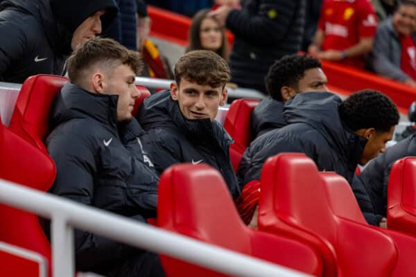 LIVERPOOL, ENGLAND - Saturday, November 2, 2024: Liverpool's substitute Tyler Morton on the bench the FA Premier League match between Liverpool FC and Brighton & Hove Albion FC at Anfield. (Photo by David Rawcliffe/Propaganda)