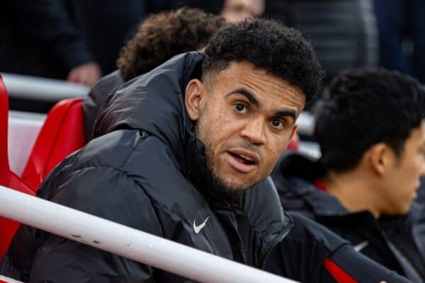 LIVERPOOL, ENGLAND - Saturday, November 2, 2024: Liverpool's substitute Luis Díaz during the FA Premier League match between Liverpool FC and Brighton & Hove Albion FC at Anfield. (Photo by David Rawcliffe/Propaganda)