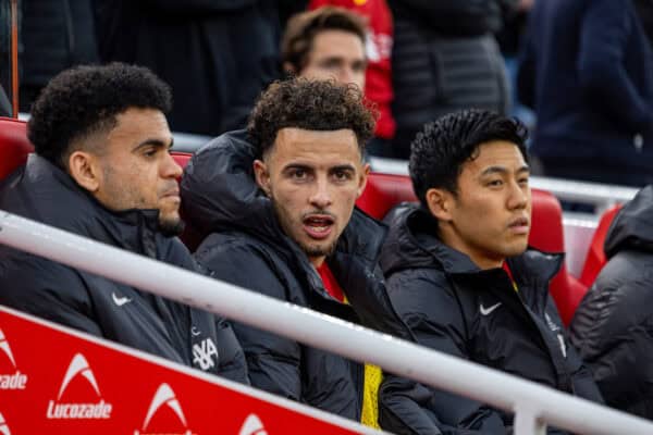 LIVERPOOL, ENGLAND - Saturday, November 2, 2024: Liverpool's substitute Curtis Jones on the bench before the FA Premier League match between Liverpool FC and Brighton & Hove Albion FC at Anfield. (Photo by David Rawcliffe/Propaganda)