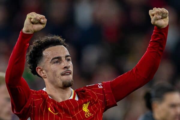 LIVERPOOL, ENGLAND - Saturday, November 2, 2024: Liverpool's Curtis Jones celebrates after the FA Premier League match between Liverpool FC and Brighton & Hove Albion FC at Anfield. (Photo by David Rawcliffe/Propaganda)