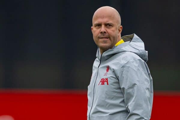 LIVERPOOL, ENGLAND - Monday, November 4, 2024: Liverpool's head coach Arne Slot during a training session at the AXA Training Centre ahead of the UEFA Champions League match between Liverpool FC and Bayer 04 Leverkusen. (Photo by David Rawcliffe/Propaganda)