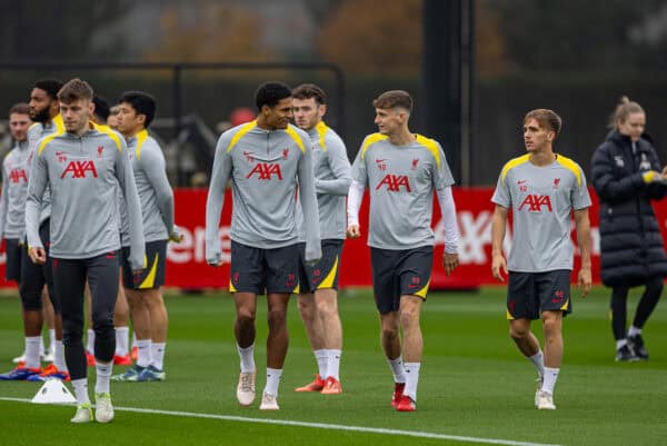 LIVERPOOL, ENGLAND - Monday, November 4, 2024: Liverpool's (L-R) Jarell Quansah, Tyler Morton, James Norris during a training session at the AXA Training Centre ahead of the UEFA Champions League match between Liverpool FC and Bayer 04 Leverkusen. (Photo by David Rawcliffe/Propaganda)