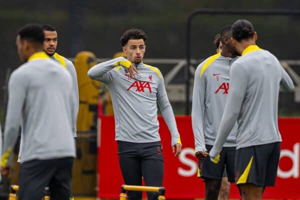 LIVERPOOL, ENGLAND - Monday, November 4, 2024: Liverpool's Curtis Jones during a training session at the AXA Training Centre ahead of the UEFA Champions League match between Liverpool FC and Bayer 04 Leverkusen. (Photo by David Rawcliffe/Propaganda)