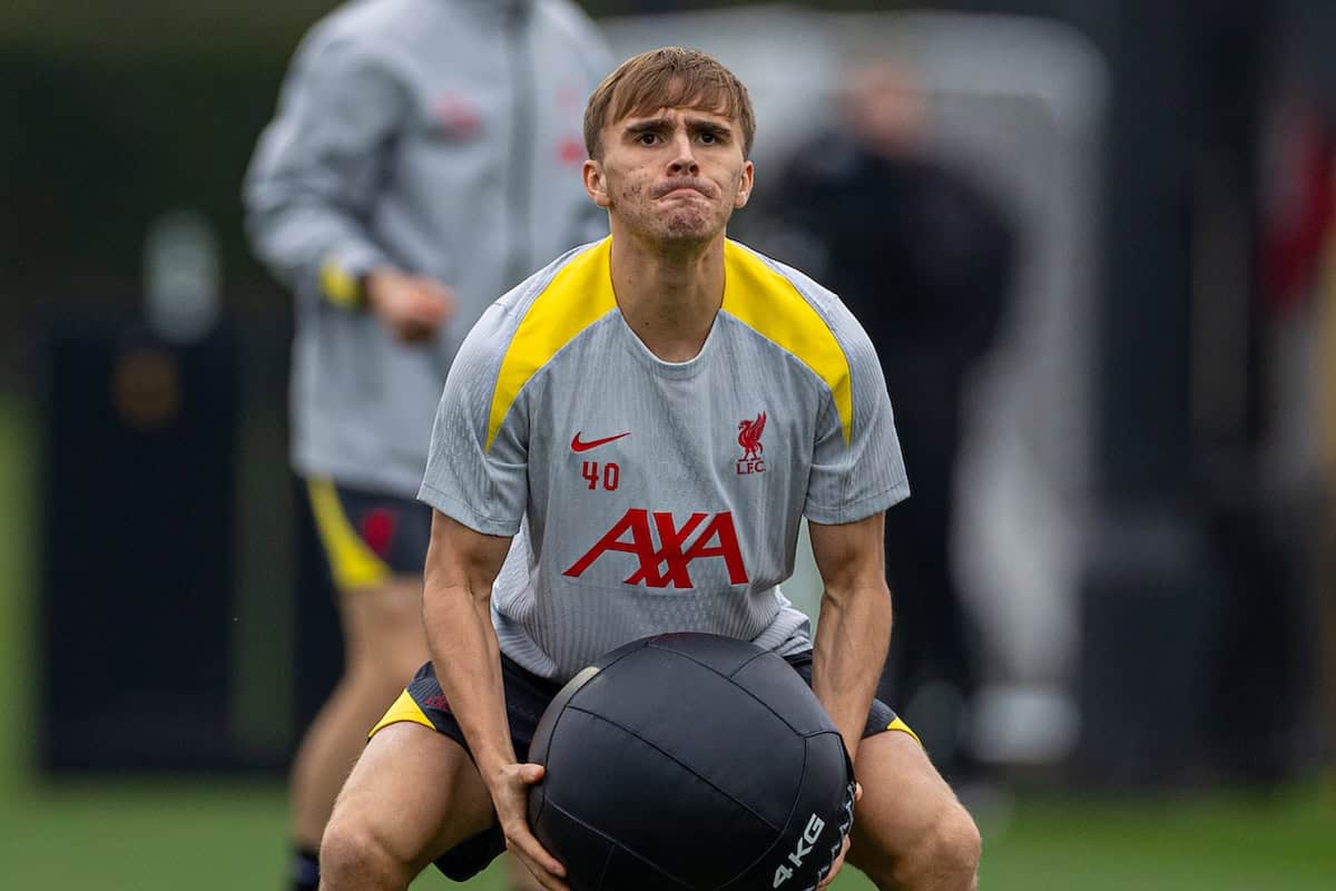 LIVERPOOL, ENGLAND - Monday, November 4, 2024: Liverpool's James Norris with a medicine ball during a training session at the AXA Training Centre ahead of the UEFA Champions League match between Liverpool FC and Bayer 04 Leverkusen. (Photo by David Rawcliffe/Propaganda)