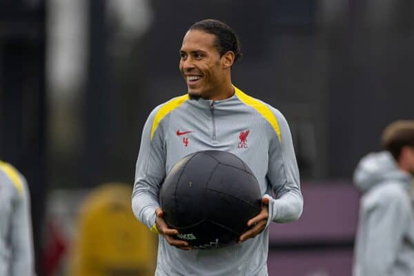 LIVERPOOL, ENGLAND - Monday, November 4, 2024: Liverpool's captain Virgil van Dijk with a medicine ball during a training session at the AXA Training Centre ahead of the UEFA Champions League match between Liverpool FC and Bayer 04 Leverkusen. (Photo by David Rawcliffe/Propaganda)