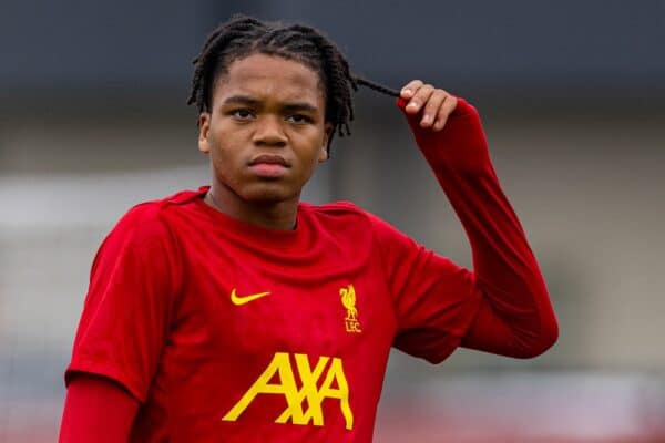 KIRKBY, ENGLAND - Tuesday, November 5, 2024: Liverpool's Rio Ngumoha during the pre-match warm-up before the UEFA Youth League game between Liverpool FC Under-19's and Bayer Leverkusen Under-19's at the Liverpool Academy. Liverpool won 4-1. (Photo by David Rawcliffe/Propaganda)