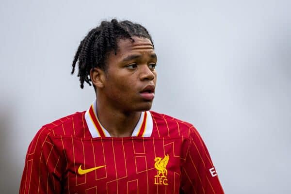 KIRKBY, ENGLAND - Tuesday, November 5, 2024: Liverpool's Rio Ngumoha during the UEFA Youth League game between Liverpool FC Under-19's and Bayer Leverkusen Under-19's at the Liverpool Academy. Liverpool won 4-1. (Photo by David Rawcliffe/Propaganda)