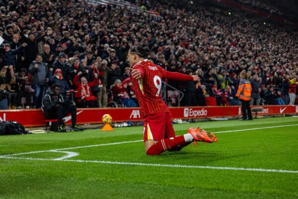 LIVERPOOL, ENGLAND - Saturday, November 9, 2024: Liverpool's Darwin Núñez celebrates after scoring the opening goal during the FA Premier League match between Liverpool FC and Aston Villa FC at Anfield. Liverpool won 2-0. (Photo by David Rawcliffe/Propaganda)