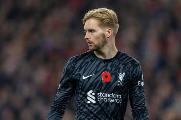 LIVERPOOL, ENGLAND - Saturday, November 9, 2024: Liverpool's goalkeeper Caoimhin Kelleher during the FA Premier League match between Liverpool FC and Aston Villa FC at Anfield. Liverpool won 2-0. (Photo by David Rawcliffe/Propaganda)