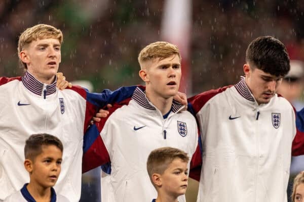 LONDON, ENGLAND - Sunday, November 17, 2024: England's (L-R) Anthony Gordon, Lewis Hall and Tino Livramento line-up before the UEFA Nations League Group B2 game between England and Republic of Ireland at Wembley Stadium. England won 5-0. (Photo by David Rawcliffe/Propaganda)