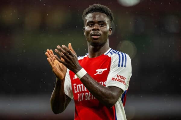 LONDON, ENGLAND - Saturday, November 23, 2024: Arsenal's Bukayo Saka during the FA Premier League match between Arsenal FC and Nottingham Forest FC at the Emirates Stadium. (Photo by David Rawcliffe/Propaganda)