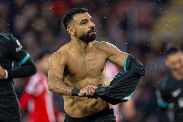 SOUTHAMPTON, ENGLAND - Sunday, November 24, 2024: Liverpool's Mohamed Salah takes off his shirt as he celebrates after scoring the winning third goal during the FA Premier League match between Southampton FC and Liverpool FC at St Mary's Stadium. Liverpool won 3-2. (Photo by David Rawcliffe/Propaganda)