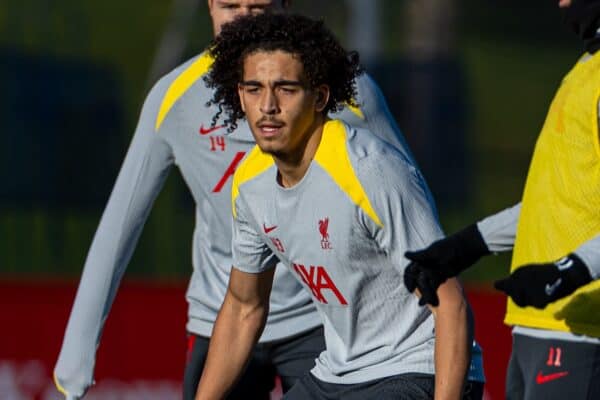 LIVERPOOL, ENGLAND - Tuesday, November 26, 2024: Liverpool's Jayden Danns during a training session at the AXA Training Centre ahead of the UEFA Champions League match between Liverpool FC and Real Madrid CF. (Photo by David Rawcliffe/Propaganda)