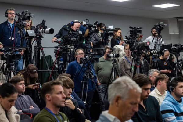  Media during a press conference at Anfield ahead of the UEFA Champions League game between Liverpool FC and Real Madrid CF. (Photo by David Rawcliffe/Propaganda)