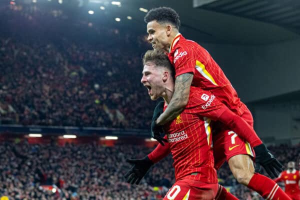 LIVERPOOL, ENGLAND - Wednesday, November 27, 2024: Liverpool's Alexis Mac Allister celebrates with team-mate Luis Díaz (R) after scoring the opening goal during the UEFA Champions League game between Liverpool FC and Real Madrid CF at Anfield. (Photo by David Rawcliffe/Propaganda)