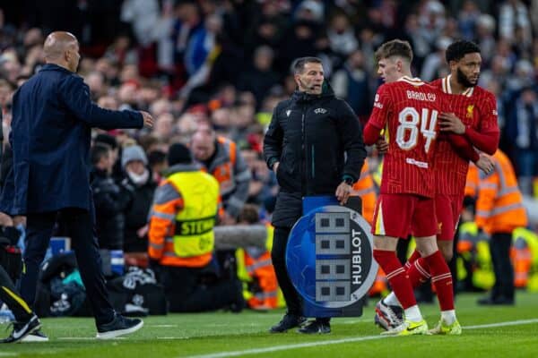 LIVERPOOL, ENGLAND - Wednesday, November 27, 2024: Liverpool's Conor Bradley is replaced by Joe Gomez as he goes off with an injury during the UEFA Champions League game between Liverpool FC and Real Madrid CF at Anfield. (Photo by David Rawcliffe/Propaganda)