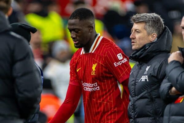 LIVERPOOL, ENGLAND - Wednesday, November 27, 2024: Liverpool's Ibrahima Konaté walks off with an injury after the UEFA Champions League game between Liverpool FC and Real Madrid CF at Anfield. (Photo by David Rawcliffe/Propaganda)