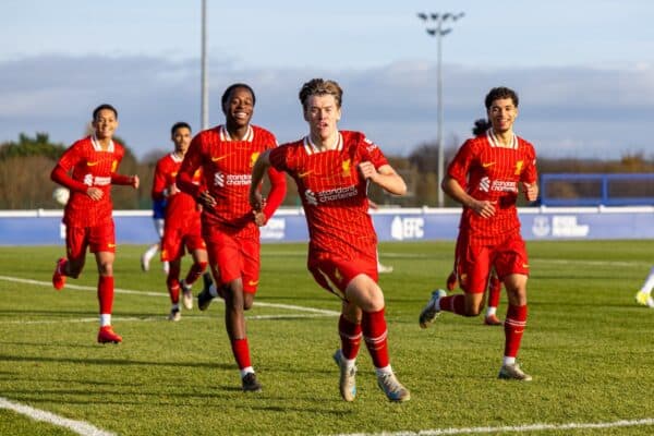 LIVERPOOL, ENGLAND - Saturday, November 30, 2024: Liverpool's Joe Bradshaw celebrates after scoring the first goal during the Under-18 Premier League match between Everton FC Under-18's and Liverpool FC Under-18's. the Mini-Mini-Merseyside Derby, at Finch Farm. (Photo by David Rawcliffe/Propaganda)