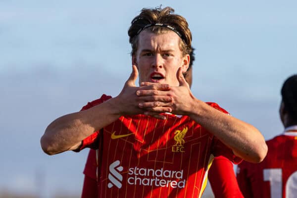 LIVERPOOL, ENGLAND - Saturday, November 30, 2024: Liverpool's Joe Bradshaw celebrates after scoring the first goal during the Under-18 Premier League match between Everton FC Under-18's and Liverpool FC Under-18's. the Mini-Mini-Merseyside Derby, at Finch Farm. (Photo by David Rawcliffe/Propaganda)