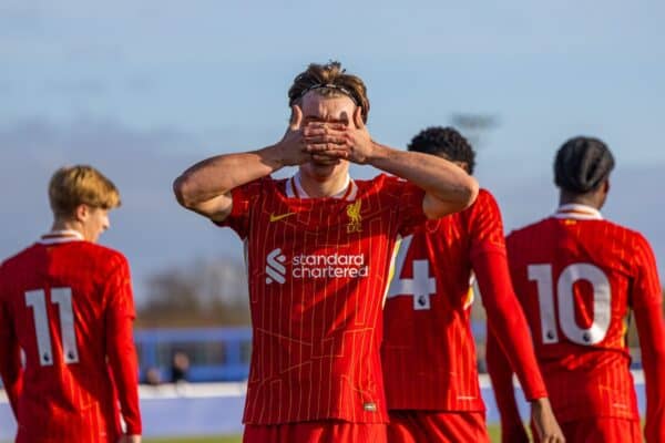 LIVERPOOL, ENGLAND - Saturday, November 30, 2024: Liverpool's Joe Bradshaw celebrates after scoring the opening goal during the Under-18 Premier League match between Everton FC Under-18's and Liverpool FC Under-18's. the Mini-Mini-Merseyside Derby, at Finch Farm. (Photo by David Rawcliffe/Propaganda)