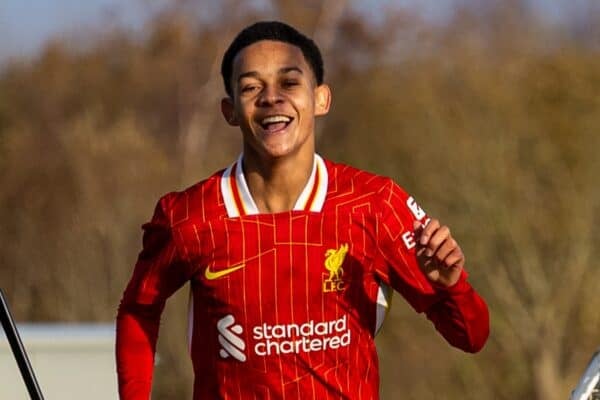 LIVERPOOL, ENGLAND - Saturday, November 30, 2024: Liverpool's Joshua Sonni-Lambie scores a goal, but it is ruled out for off-side, during the Under-18 Premier League match between Everton FC Under-18's and Liverpool FC Under-18's. the Mini-Mini-Merseyside Derby, at Finch Farm. (Photo by David Rawcliffe/Propaganda)