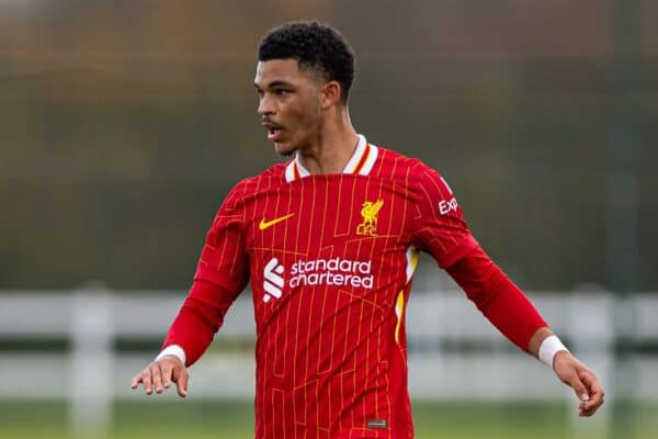 LIVERPOOL, ENGLAND - Saturday, November 30, 2024: Liverpool's Clae Ewing during the Under-18 Premier League match between Everton FC Under-18's and Liverpool FC Under-18's. the Mini-Mini-Merseyside Derby, at Finch Farm. (Photo by David Rawcliffe/Propaganda)