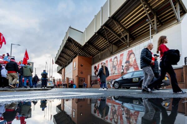 LIVERPOOL, ENGLAND - Sunday, December 1, 2024: The exterior of Liverpool's Spion Kop reflected in a puddle during the FA Premier League match between Liverpool FC and Manchester City FC at Anfield. (Photo by David Rawcliffe/Propaganda)