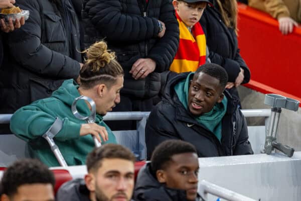 LIVERPOOL, ENGLAND - Sunday, December 1, 2024: Liverpool's injured Kostas Tsimikas (L) and Ibrahima Konaté before the FA Premier League match between Liverpool FC and Manchester City FC at Anfield. (Photo by David Rawcliffe/Propaganda)