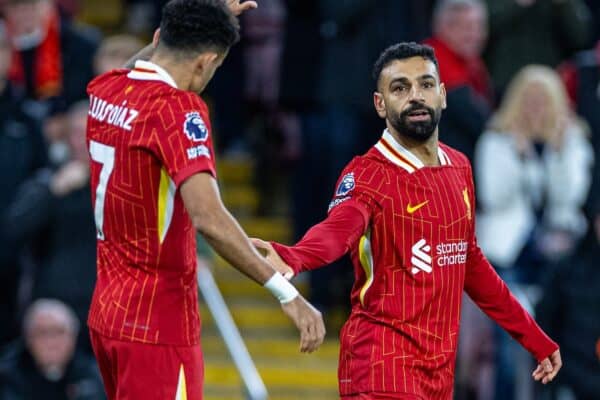 LIVERPOOL, ENGLAND - Sunday, December 1, 2024: Liverpool's Mohamed Salah (R) celebrates assisting the first goal with team-mate Luis Díaz during the FA Premier League match between Liverpool FC and Manchester City FC at Anfield. (Photo by David Rawcliffe/Propaganda)