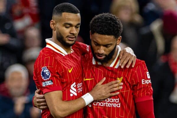 LIVERPOOL, ENGLAND - Sunday, December 1, 2024: Liverpool's Cody Gakpo (L) celebrates after scoring the first goal with team-mate Joe Gomez during the FA Premier League match between Liverpool FC and Manchester City FC at Anfield. (Photo by David Rawcliffe/Propaganda)