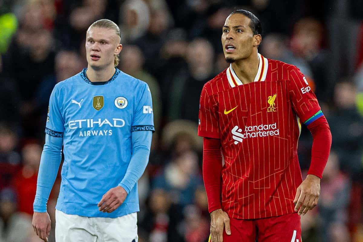 LIVERPOOL, ENGLAND - Sunday, December 1, 2024: Liverpool's captain Virgil van Dijk (R) and Manchester City's Erling Haaland during the FA Premier League match between Liverpool FC and Manchester City FC at Anfield. Liverpool won 2-0. (Photo by David Rawcliffe/Propaganda)