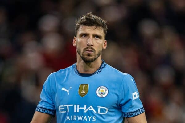 LIVERPOOL, ENGLAND - Sunday, December 1, 2024: Manchester City's Rúben Dias looks dejected during the FA Premier League match between Liverpool FC and Manchester City FC at Anfield. Liverpool won 2-0. (Photo by David Rawcliffe/Propaganda)