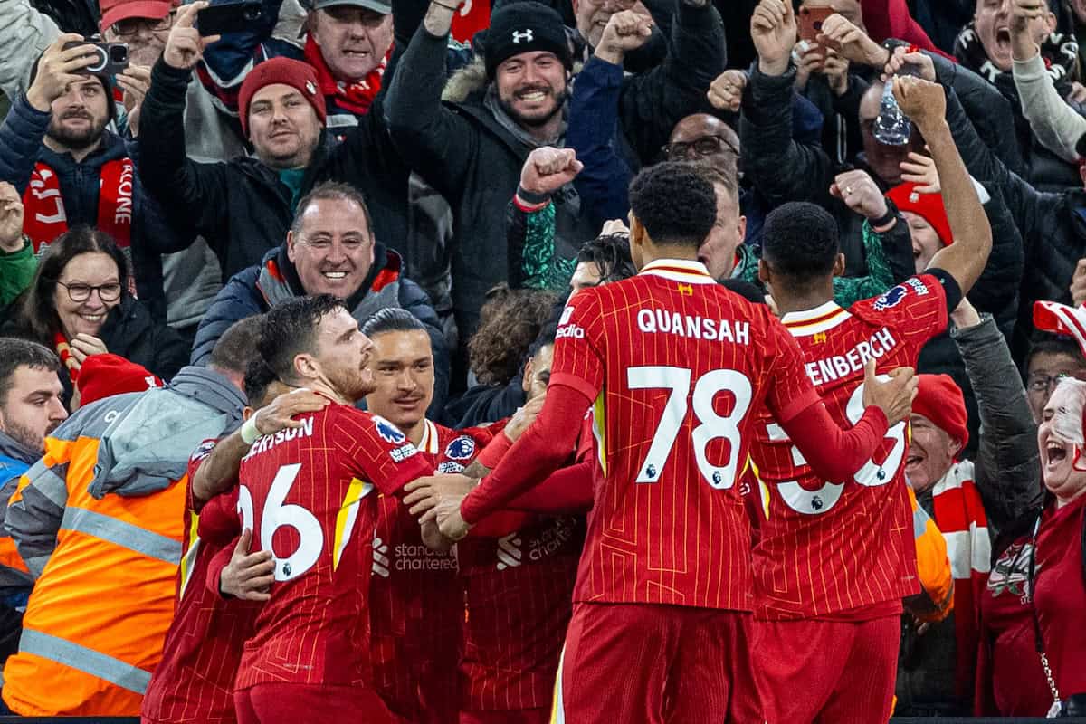 LIVERPOOL, ENGLAND - Sunday, December 1, 2024: Liverpool's Mohamed Salah celebrates after scoring the second goal during the FA Premier League match between Liverpool FC and Manchester City FC at Anfield. Liverpool won 2-0. (Photo by David Rawcliffe/Propaganda)