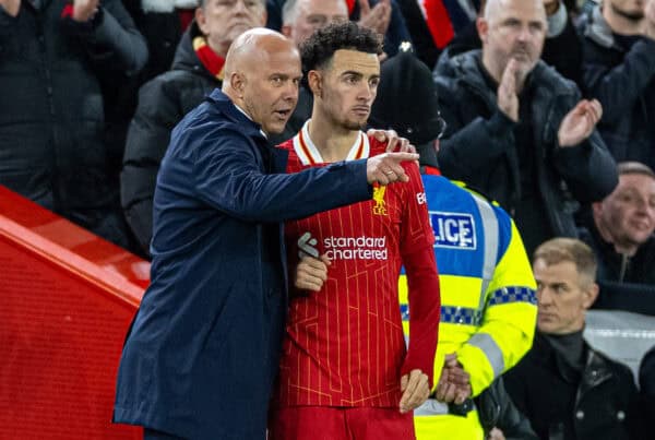 LIVERPOOL, ENGLAND - Sunday, December 1, 2024: Liverpool's head coach Arne Slot prepares to bring on substitute Curtis Jones during the FA Premier League match between Liverpool FC and Manchester City FC at Anfield. Liverpool won 2-0. (Photo by David Rawcliffe/Propaganda)