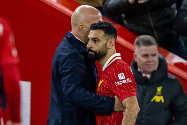 LIVERPOOL, ENGLAND - Sunday, December 1, 2024: Liverpool's head coach Arne Slot embraces Mohamed Salah after he is substituted during the FA Premier League match between Liverpool FC and Manchester City FC at Anfield. Liverpool won 2-0. (Photo by David Rawcliffe/Propaganda)