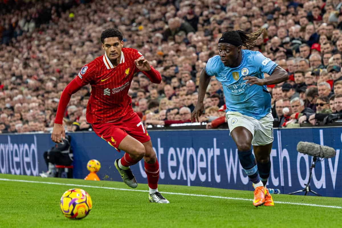 LIVERPOOL, ENGLAND - Sunday, December 1, 2024: Liverpool's Jarell Quansah (L) challenges Manchester City's Jérémy Doku during the FA Premier League match between Liverpool FC and Manchester City FC at Anfield. Liverpool won 2-0. (Photo by David Rawcliffe/Propaganda)