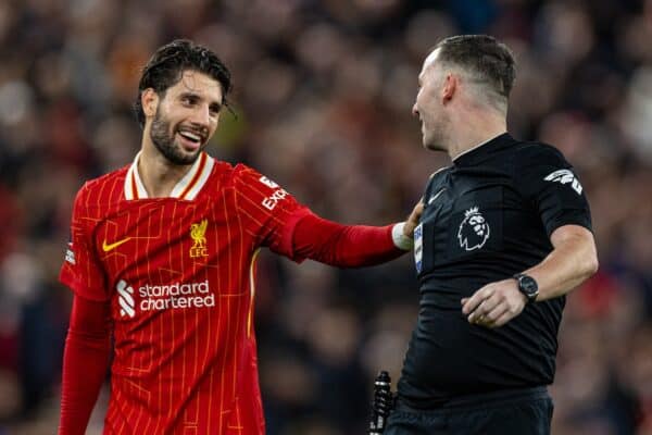 LIVERPOOL, ENGLAND - Sunday, December 1, 2024: Liverpool's Dominik Szoboszlai (L) smiles with referee Chris Kavanagh during the FA Premier League match between Liverpool FC and Manchester City FC at Anfield. Liverpool won 2-0. (Photo by David Rawcliffe/Propaganda)