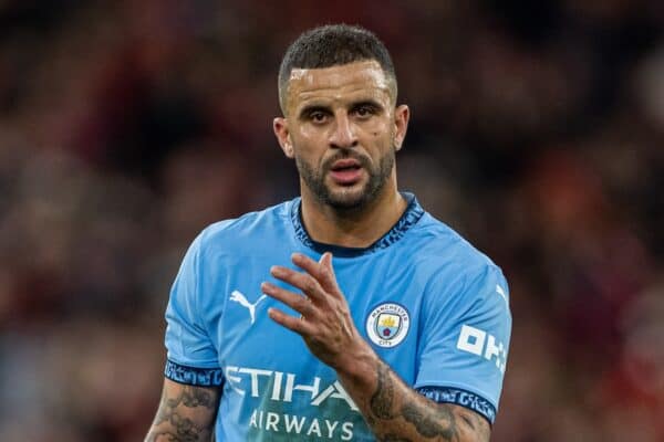 LIVERPOOL, ENGLAND - Sunday, December 1, 2024: Manchester City's Kyle Walker looks dejected during the FA Premier League match between Liverpool FC and Manchester City FC at Anfield. Liverpool won 2-0. (Photo by David Rawcliffe/Propaganda)