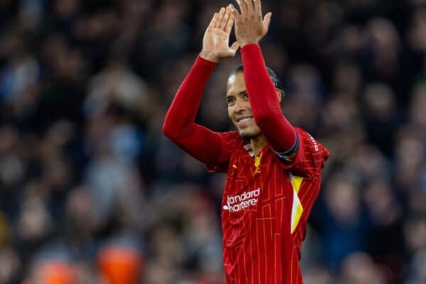 LIVERPOOL, ENGLAND - Sunday, December 1, 2024: Liverpool's captain Virgil van Dijk applauds the supporters after the FA Premier League match between Liverpool FC and Manchester City FC at Anfield. Liverpool won 2-0. (Photo by David Rawcliffe/Propaganda)