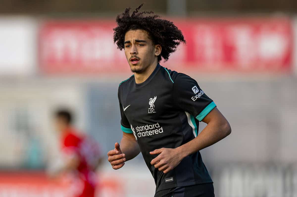 OLOT, SPAIN - Tuesday, December 10, 2024: Liverpool's Jayden Danns during the UEFA Youth League Matchday 6 game between Girona FC Under-19's and Liverpool FC Under-19's at Estadi Municipal de Olot. (Photo by David Rawcliffe/Propaganda)