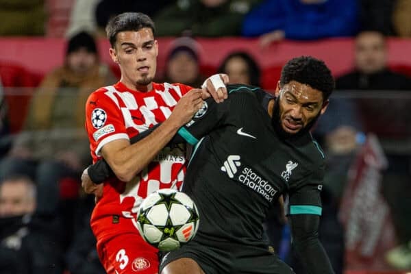 GIRONA, SPAIN - Tuesday, December 10, 2024: Liverpool's Joe Gomez is challenged by Girona's Miguel Gutiérrez (L) during the UEFA Champions League game between Girona FC and Liverpool FC at the Estadi Montilivi. Liverpool won 1-0. (Photo by David Rawcliffe/Propaganda)