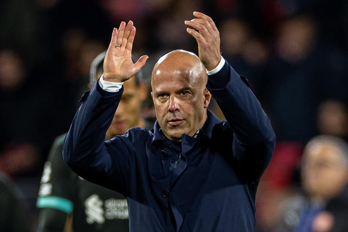 GIRONA, SPAIN - Tuesday, December 10, 2024: Liverpool's head coach Arne Slot applauds the supporters after the UEFA Champions League game between Girona FC and Liverpool FC at the Estadi Montilivi. Liverpool won 1-0. (Photo by David Rawcliffe/Propaganda)