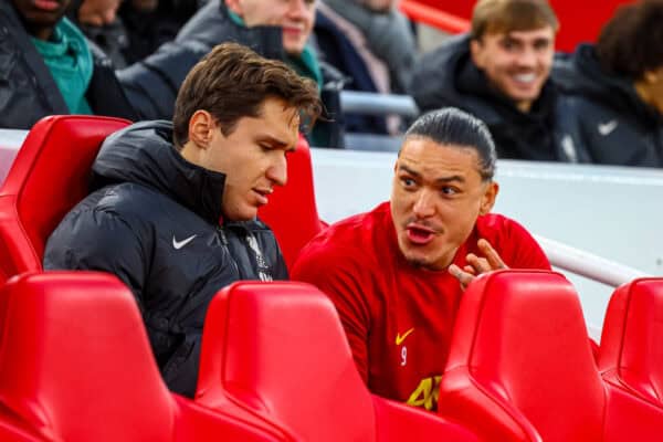 LIVERPOOL, ENGLAND - Saturday, December 14, 2024: Liverpool's substitutes Federico Chiesa (L) and Darwin Núñez on the bench during the FA Premier League match between Liverpool FC and Fulham FC at Anfield. (Photo by David Rawcliffe/Propaganda)