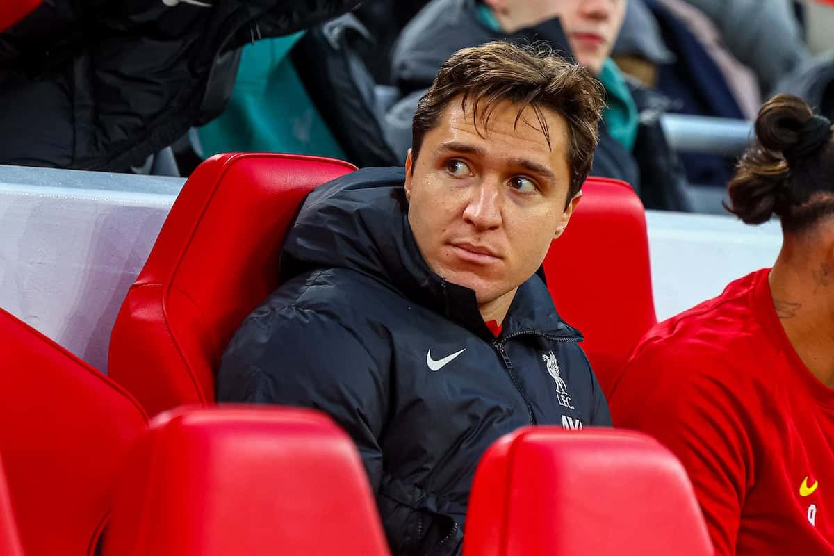 LIVERPOOL, ENGLAND - Saturday, December 14, 2024: Liverpool's substitute Federico Chiesa on the bench during the FA Premier League match between Liverpool FC and Fulham FC at Anfield. (Photo by David Rawcliffe/Propaganda)