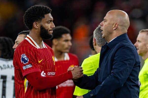 LIVERPOOL, ENGLAND - Saturday, December 14, 2024: Liverpool's Joe Gomez (L) and head coach Arne Slot after the FA Premier League match between Liverpool FC and Fulham FC at Anfield. (Photo by David Rawcliffe/Propaganda)