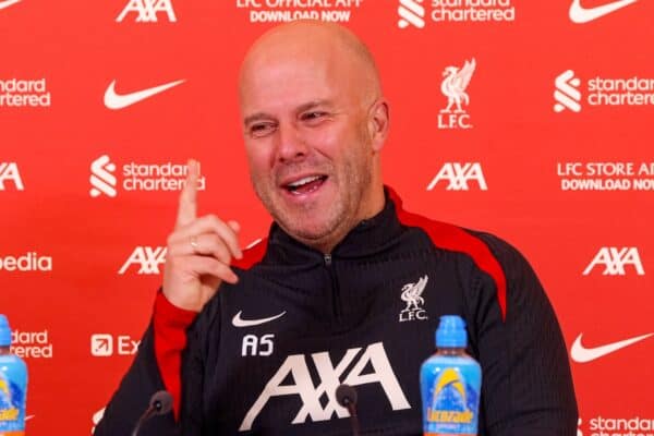  Liverpool's head coach Arne Slot speaks to the media at a press conference at the AXA Training Centre ahead of the Football League Cup Quarter-Final match between Southampton FC and Liverpool FC. (Photo by Propaganda)