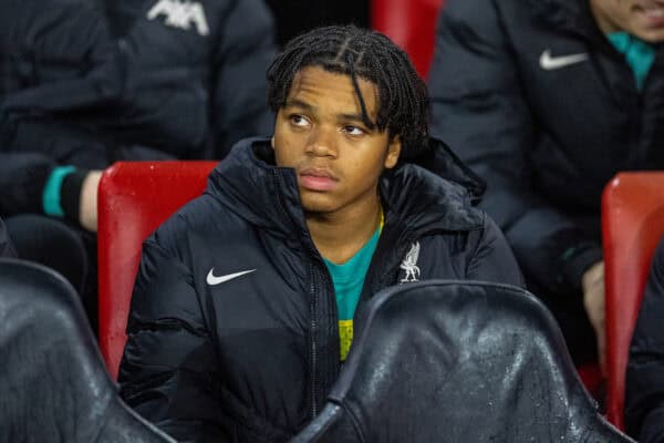 SOUTHAMPTON, ENGLAND - Tuesday, December 17, 2024: Liverpool's substitute Rio Ngumoha on the bench before the Football League Cup Quarter-Final match between Southampton FC and Liverpool FC at St Mary's Stadium. (Photo by David Rawcliffe/Propaganda)