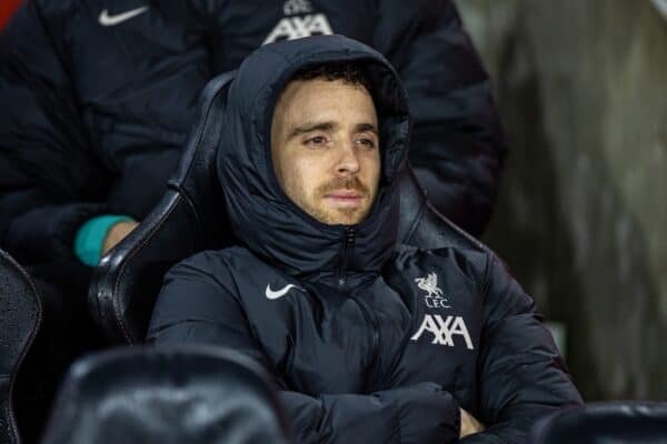 SOUTHAMPTON, ENGLAND - Tuesday, December 17, 2024: Liverpool's substitute Diogo Jota on the bench before the Football League Cup Quarter-Final match between Southampton FC and Liverpool FC at St Mary's Stadium. (Photo by David Rawcliffe/Propaganda)